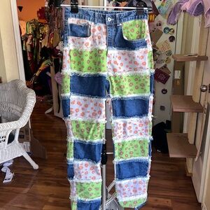 Patchwork Denim Jeans with Floral Patterns